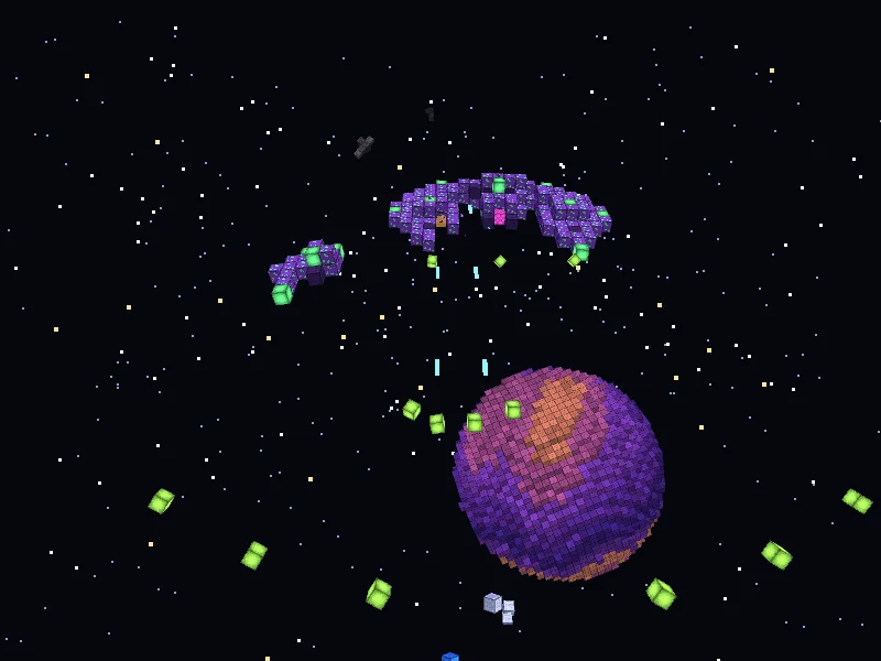 Pew Pew Space: a purple alien mothership made of blocks, flying over a block planet